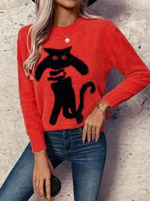 EMERY ROSE Halloween Women's Casual Loose Fit Cartoon Cat Pattern Long Sleeve Pullover Sweater, Autumn & Winter - Orange - View 3