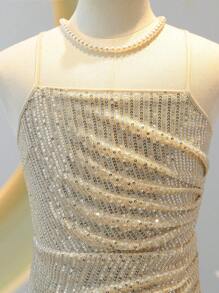 SHEIN 青少年女孩闪亮优雅高腰荷叶边 V 领开衩长裙礼服 - 杏色 - 查看 5