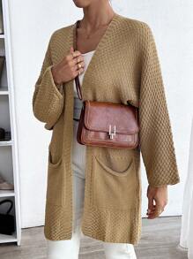 SHEIN Cottnline Women's Solid Color Bat Sleeve Double Pocket Pineapple Flower Cardigan For Autumn/Winter - Khaki - View 7