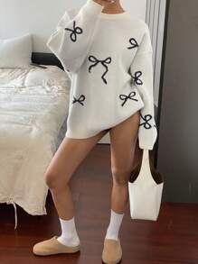 Livesso 女士圆领宽松蝴蝶结针织毛衣、长袖上衣、秋季女装 - 白色 - 查看 4