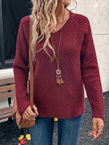 EMERY ROSE 女士纯色 V 领长袖简约毛衣、休闲装 - 酒紅色 - 查看 6