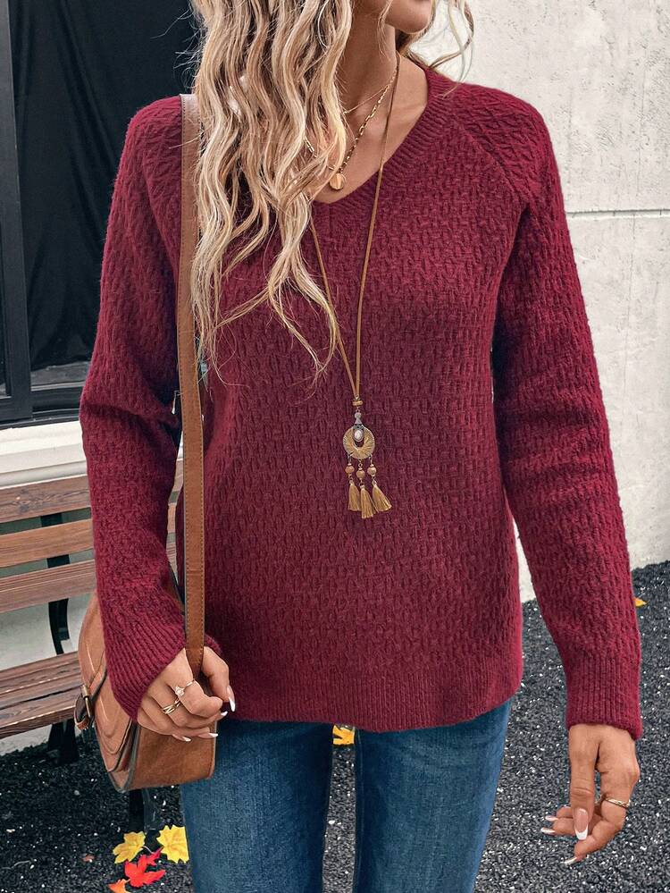 Women's Solid V-Neck Long Sleeve Minimalist Sweater, Casual Wear