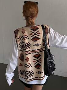 DAZY Women Fleece Fully Allover Print Geometric Pattern Coat, Thermal Lined Jacket Fall,Winter Vest - Beige - View 5