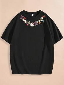 HELLO KITTY AND FRIENDS | SHEIN Unisex 1pc Casual Cartoon & Letter Print Drop Shoulder Loose Short Sleeve T-Shirt, Summer - Black - View 1