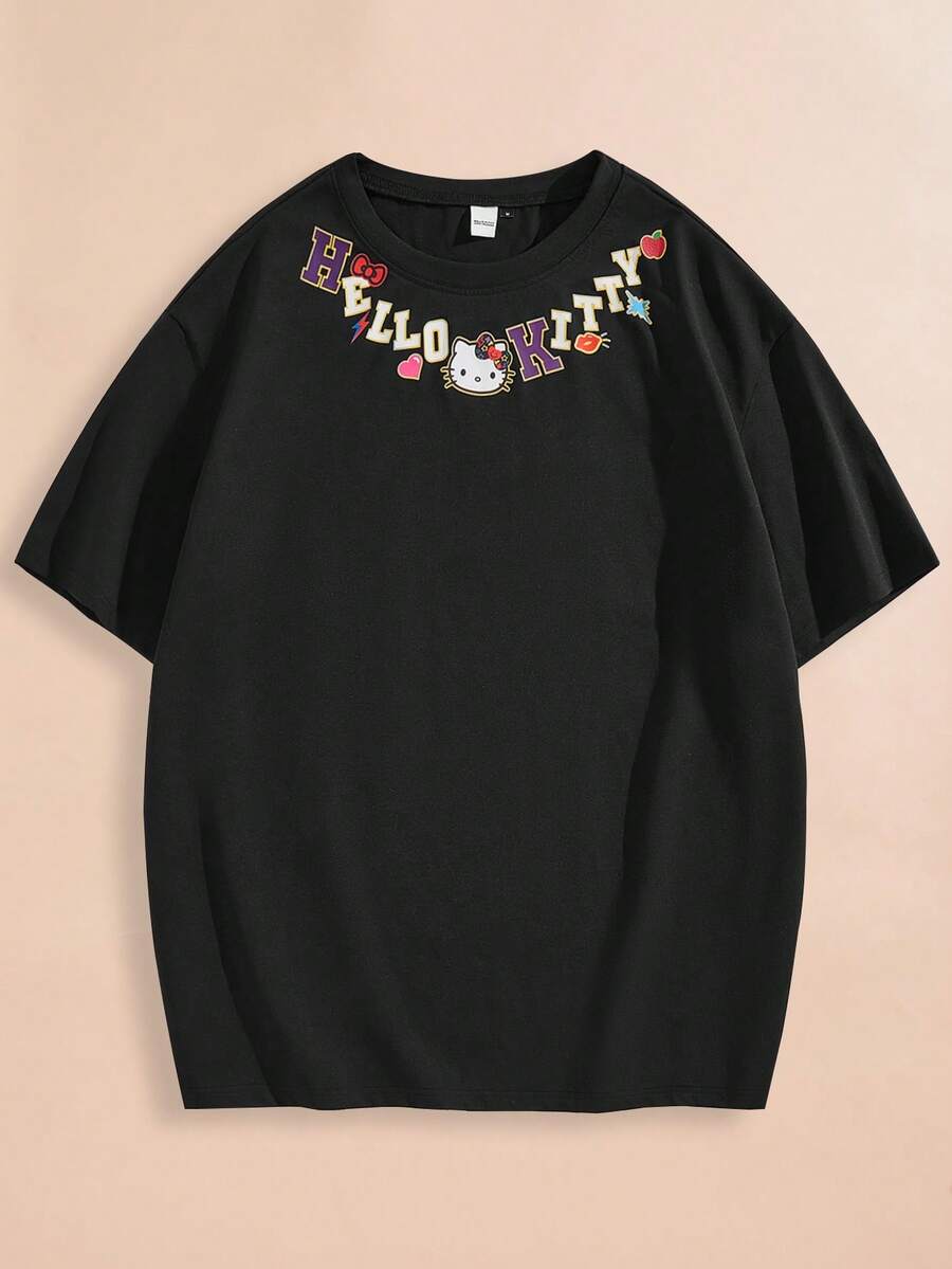 HELLO KITTY AND FRIENDS | SHEIN Unisex 1pc Casual Cartoon & Letter Print Drop Shoulder Loose Short Sleeve T-Shirt, Summer - Black - View 1