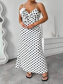 Celure Plus Size Women Elegant 3D Floral Decor Ruffle Hem Polka Dot Slip Dress - White - View 3