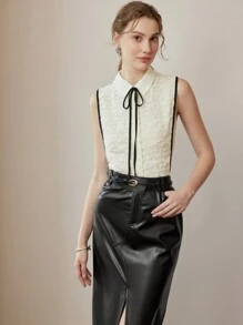 MOTF PREMIUM 系带领口撞色绑带纹理衬衫 - 白色 - 查看 4