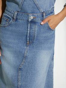 Denimoi Off Shoulder Split Front Denim Dress - Medium Wash - View 5