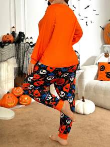 Plus Size Pumpkin Themed Long Sleeve Pajama Set, Fall Clothes, Halloween - Multicolor - View 2