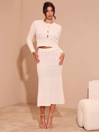 Glamine 2 件套女士前扣长袖修身毛衣和 A 字裙休闲装