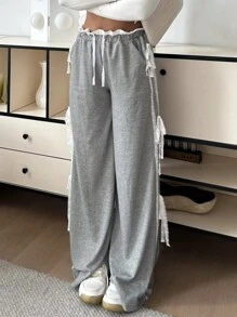 SHEIN EZwear Casual Sports Solid Color Knitted Wide Leg Pants With Contrast Bowknot For Women