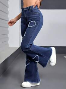 SHEIN EZwear 女式前扣口袋做旧毛边下摆休闲牛仔裤 - 深色水洗藍 - 查看 4