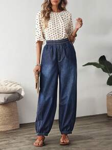 SHEIN LUNE Elastic Waist Casual Jeans With Pockets, Minimalist Design