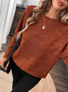 SHEIN LUNE 春季纯色插肩袖T恤，休闲款 - 鏽棕色 - 查看 5