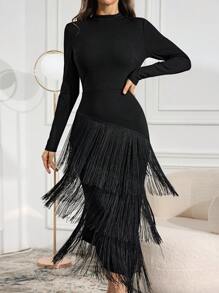 Modelyn 女士高领长袖流苏下摆休闲连衣裙、度假长款晚礼服 - 黑色 - 查看 4