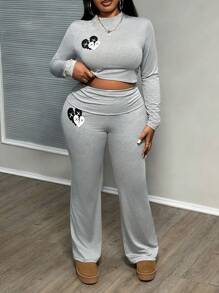 Slaydiva Áo dài tay in hình trái tim màu xám thanh lịch giản dị cỡ lớn và quần dài cho nữ 2 món/bộ - Xám - Xem 4