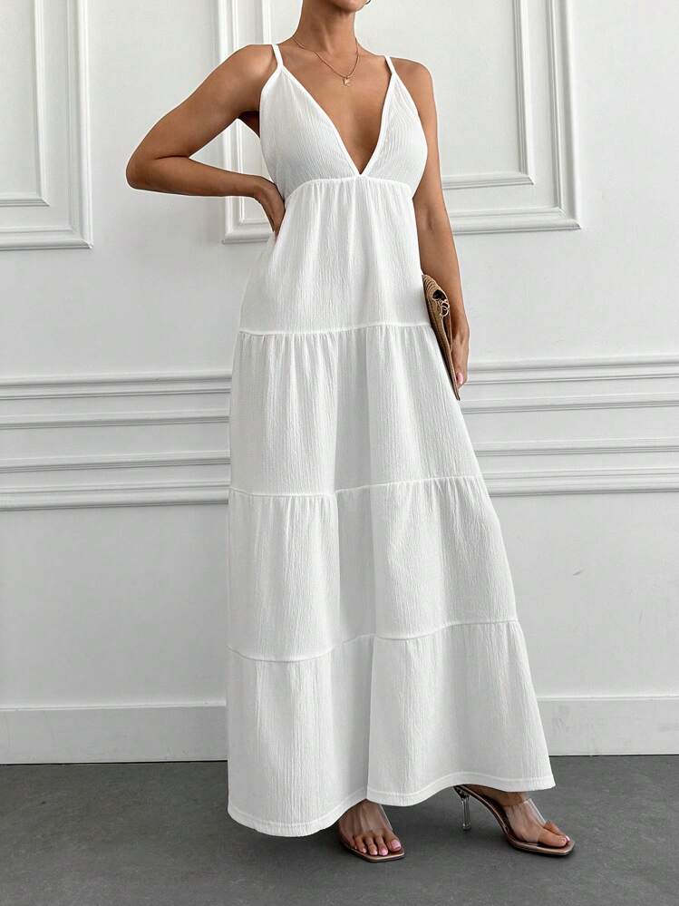 EURMUSE Solid Color Spaghetti Strap Pleated Long Dress, Casual Daily Wear - White - View 3