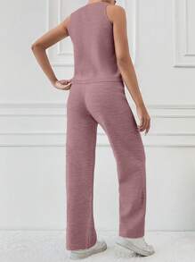 SHEIN PETITE Women's V-Neck Single-Breasted Knitted Vest & Knitted Pants Casual 2pcs Suit For Fall Winter