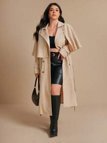 Elaquor Áo khoác dài tay màu trơn thường ngày cỡ lớn cho nữ - Màu Khaki - Xem 2