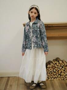 Girls' Floral All-Over Print Jacket, Countryside Style, Autumn - Blue - View 1