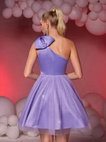SHEIN Belle Elegant Luxurious Purple Cute Asymmetrical Neck Big Bow High Waist Homecoming Dress, Suitable For Wedding, Graduation, Vacation, Party, Prom Dress, Semi Formal Dress, For Birthday, Wedding Guest