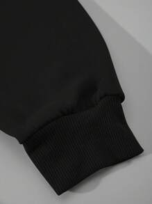 女士连帽衫时尚休闲落肩圆领连帽衫学院风彩色字母印花秋冬季保暖运动长袖上衣 - 黑色 - 查看 3