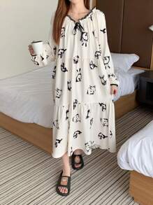 DAZY Women Cute Rabbit Pattern Contrast Trim Drawstring Nightgown
