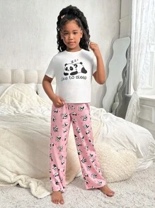 SHEIN 2 件 Tween Girls 可爱熊猫印花短袖上衣和长裤针织睡衣套装，阻燃 - 淺粉色 - 查看 1