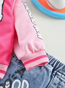 3pcs Baby Girl Ribbed Top, Printed Pants, Embroidered Bomber Jacket Outfit Set - Multicolor - View 4