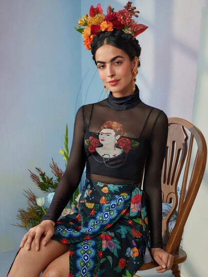 Frida Kahlo X SHEIN Women's Bridgerton Style Plants Floral & Frida Figure Sexy Slim Fit High Neck Long Sleeves Sheer Mesh Top Without Cami Top Fall Mexican Tops Black Long Sleeve Top