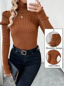 Chiquease 复古泡泡袖罗纹高领修身加厚长袖针织毛衣，欧美秋冬款，秋季 - 卡其色 - 查看 1