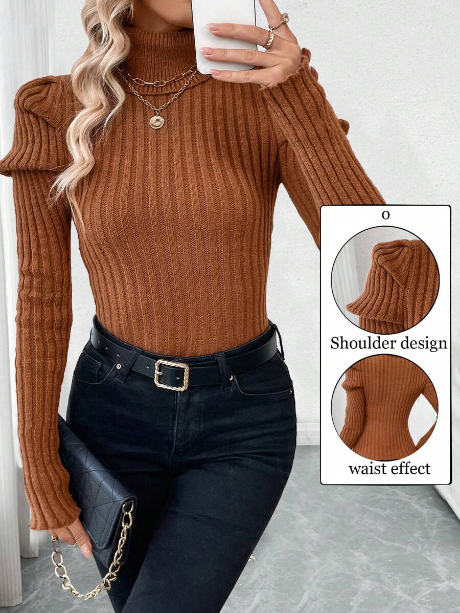 Chiquease 复古泡泡袖罗纹高领修身加厚长袖针织毛衣，欧美秋冬款，秋季 - 卡其色 - 查看 1