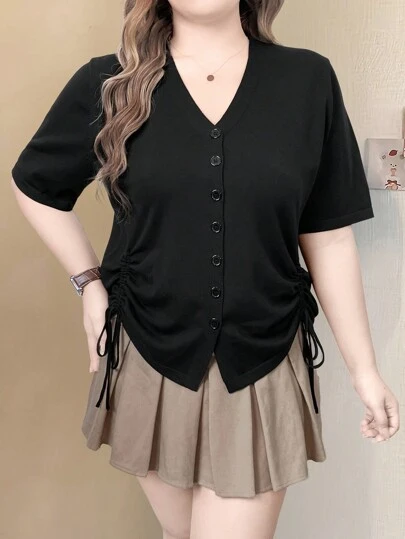 SHEIN EMERY ROSE CURVE 大码春秋休闲纯色抽绳短袖开衫，适合冬季