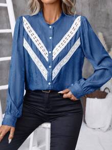 SHEIN LUNE Women's Front Button Long Sleeve Solid Color Patchwork Minimalist Casual Shirt Fall Cloth For Women - Blue - View 1