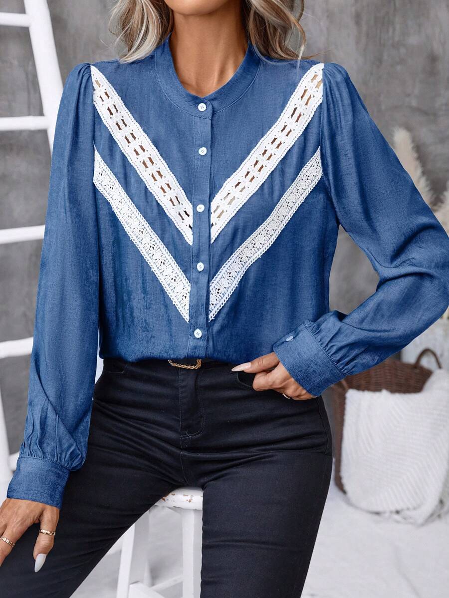 SHEIN LUNE Women's Front Button Long Sleeve Solid Color Patchwork Minimalist Casual Shirt Fall Cloth For Women - Blue - View 1