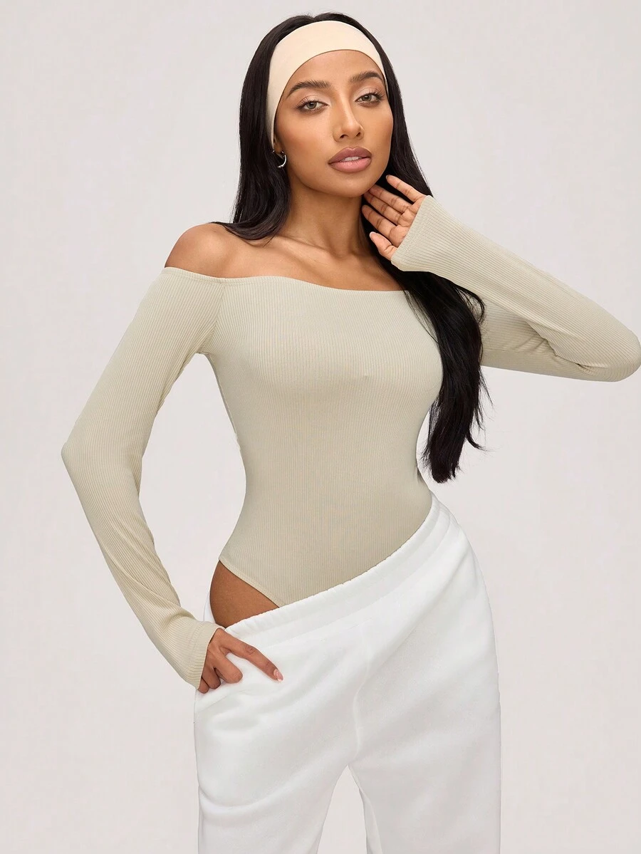 SHEIN BASICS Casualowy, jednolity kolor, dzianinowy, odkryty dekolt, body dla kobiet - Morela - Zobacz 1