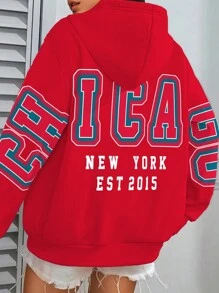 Flirla Plus Size Drawstring Hooded Loose Fit Long Sleeve New York Slogan Print Sweatshirt Graduation,Back To School Outfits,Graduation,Teacher Outfits For Women,Back To School