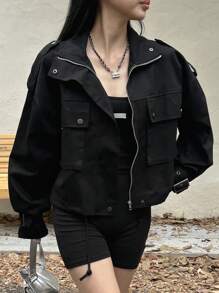 Dazy-Less 翻盖口袋落肩抽绳下摆夹克，复古风格，秋季服装 - 黑色 - 查看 3