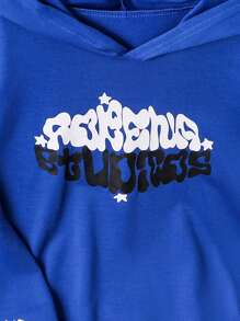 Tween Boy Letter Print Hooded Long Sleeve Sweatshirt - Blue - View 5