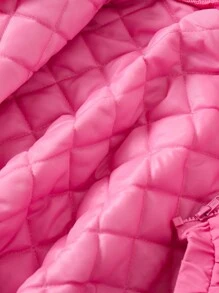 SHEIN 年轻女孩字母贴花绗缝领弹性下摆夹克，冬季 - 粉色 - 查看 10