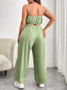 Calvaya 2pcs Plus Size Women Summer Contrast Color Cropped Camisole And Pleated Pants Casual Set - Green - View 2