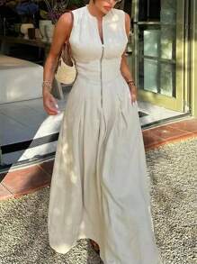 Firerie Vestido de mujer elegante con cuello redondo, sin mangas, con cremallera delantera y vuelo