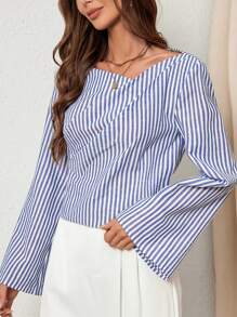 SHEIN Privé Blusa casual con cuello asimétrico minimalista de manga larga para mujeres