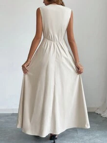 Firerie Vestido de mujer elegante con cuello redondo, sin mangas, con cremallera delantera y vuelo