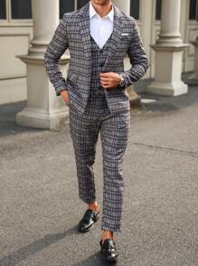 Manfinity Mode Men's Spring & Autumn Plaid Lapel Neck Long Sleeve Jacket & Pants Business Suit - Dark Grey - View 3