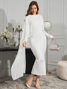 Modelyn Women Solid Color Cape Sleeve Dress Long Evening Dresses - White - View 1