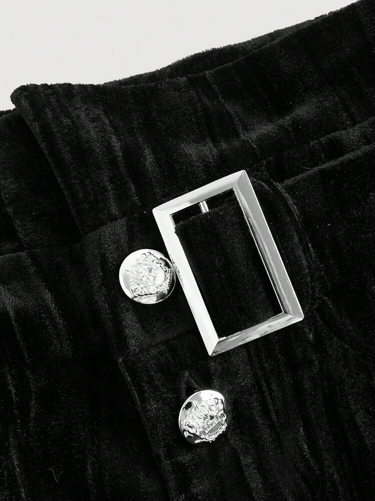 SHEIN MOD 女士黑色天鹅绒高腰压花短裤 - 黑色 - 查看 3