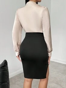 Chiquease V-Neck Ribbed Elegant Blouse With Contrast Waist Cinching & High Slit Fitted Pencil Skirt Set - Apricot - View 2