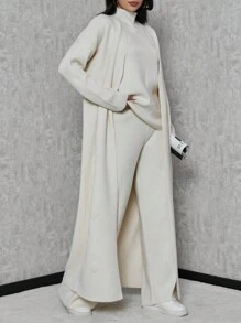 SHEIN Tall High Neck Knit Top And Knit Pants And Open Front Cardigan - Apricot - View 3