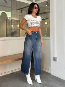 SHEIN Cottnline MID LENGHT DENIM SKIRT ASYMMETRICAL SLIT DETAIL - Dark Wash - View 6